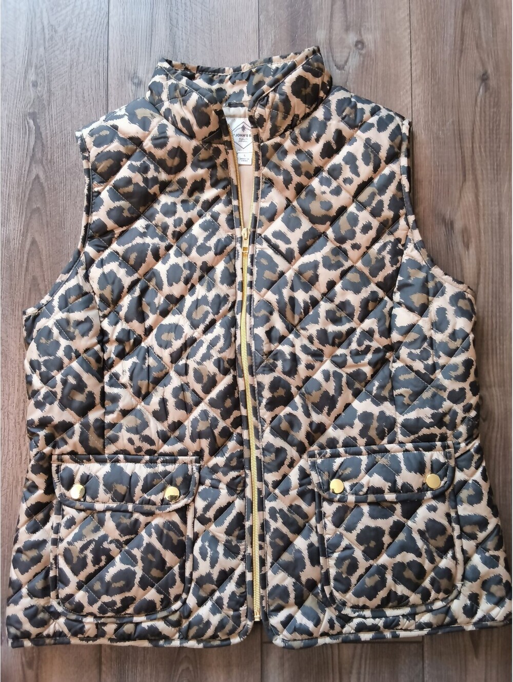 St. John's Bay Women's L Quilted Vest Leopard Animal Print Full Zip Puffer